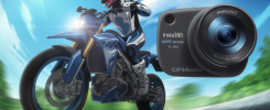 Motard sur CFMOTO Ibex 450 filmé par caméra Insta360 X5