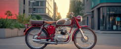 Moto vintage convertie de thermique à électrique avec un design écologique et innovant en milieu urbain, lumière douce et atmosphère chaleureuse