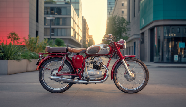 Moto vintage convertie de thermique à électrique avec un design écologique et innovant en milieu urbain, lumière douce et atmosphère chaleureuse