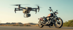 Drone HoverAir X1 ProMax en vol capturant une moto Harley Sportster S édition Golden Ticket dans un paysage dynamique de route ouverte.