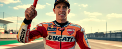 Marc Marquez célébrant sa septième victoire consécutive au Grand Prix de Hongrie 2025 sur sa Ducati rouge, sur le circuit de Balaton Park avec une foule enthousiaste en arrière-plan