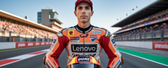 Marc Marquez célèbre sa cinquième victoire consécutive en Sprint MotoGP 2025 sur sa Ducati rouge, devant un circuit de Brno animé, sous un ciel clair