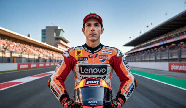 Marc Marquez célèbre sa cinquième victoire consécutive en Sprint MotoGP 2025 sur sa Ducati rouge, devant un circuit de Brno animé, sous un ciel clair
