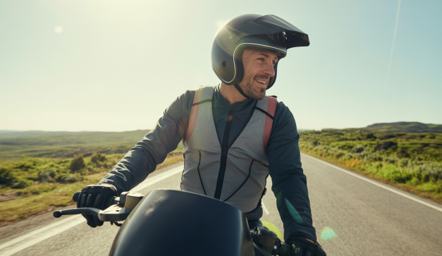 Motard en équipement respirant sur une route ensoleillée