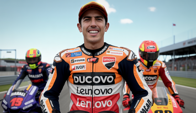 Marc Marquez célébrant sa victoire au MotoGP 2025, avec Fabio Quartararo et Jack Miller en arrière-plan lors d'une course intense