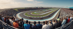 Photographie aérienne du circuit Autódromo Oscar y Juan Gálvez entièrement rénové à Buenos Aires, avec une foule dense de 150 000 fans assistant au Grand Prix MotoGP 2027