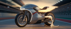 Moto futuriste sur un circuit avec ambiance dynamique et moderne.