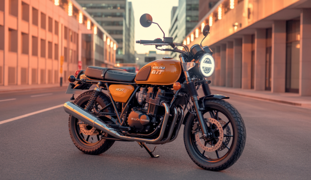 Moto Suzuki GSX-8TT 2025 de style néo-rétro avec cadre tubulaire acier, phare rond LED, peinture Candy Burnt Gold, moteur bicylindre parallèle 776 cm3, posée sur route urbaine lumineuse