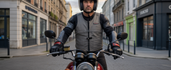 Motocycliste vigilant protégeant sa moto dans un paysage urbain du Pays de Galles avec mesures de sécurité visibles