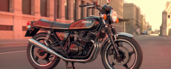 Vue de face et de trois-quarts d'une Yamaha RD350LC noire et rouge, moto sportive emblématique des années 80 avec son double échappement caractéristique et son cadre monoshock sous la selle, posée sur une route vintage avec un fond urbain flou.