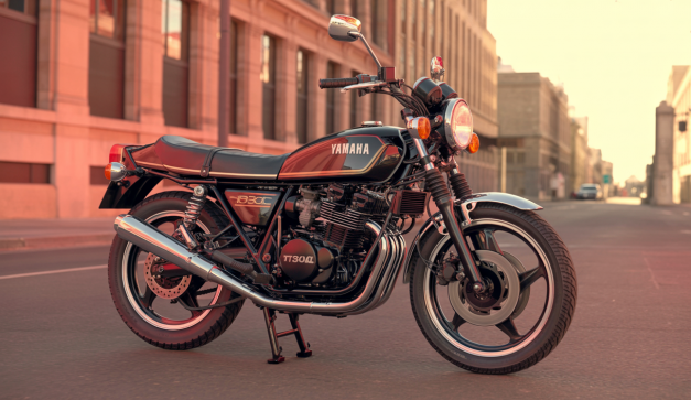 Vue de face et de trois-quarts d'une Yamaha RD350LC noire et rouge, moto sportive emblématique des années 80 avec son double échappement caractéristique et son cadre monoshock sous la selle, posée sur une route vintage avec un fond urbain flou.