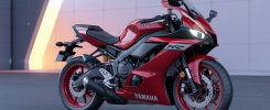 Vue latérale d'une Yamaha YZF R9 2025 rouge et noire sur route avec cadre Deltabox en aluminium, moteur CP3 890cc triple cylindre, suspension KYB réglable et freins Brembo Stylema