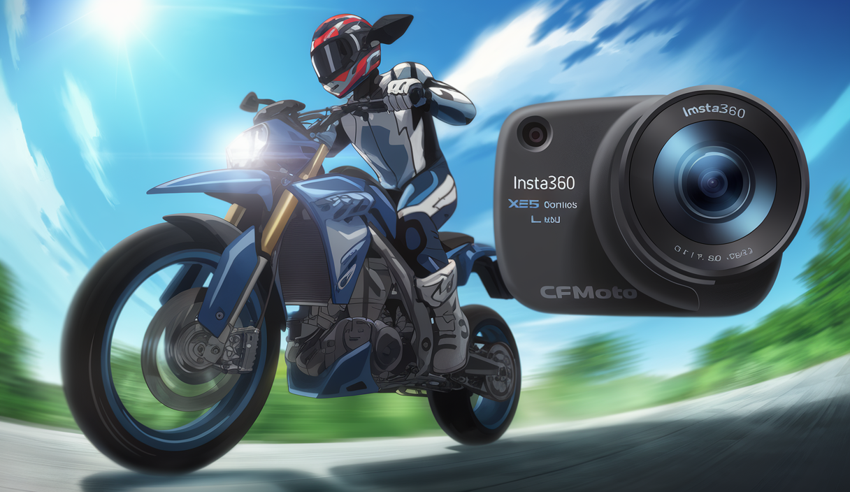 Motard sur CFMOTO Ibex 450 filmé par caméra Insta360 X5