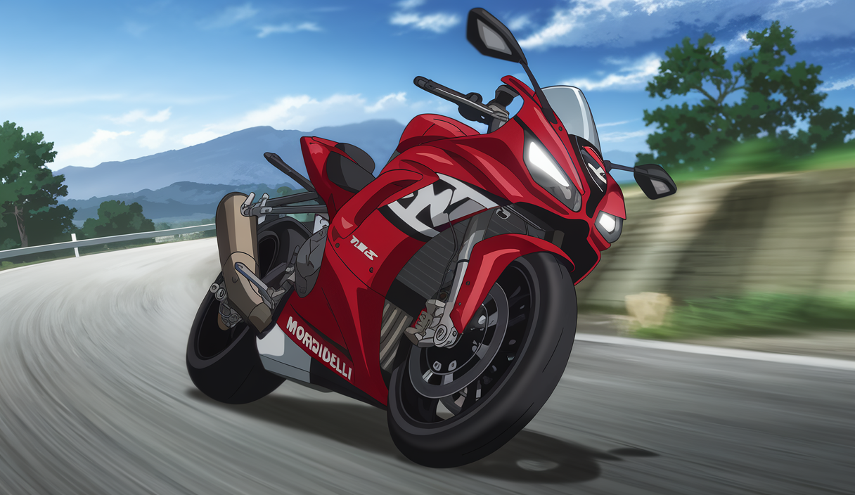 Moto italienne Morbidelli T1002 VX sur une route panoramique