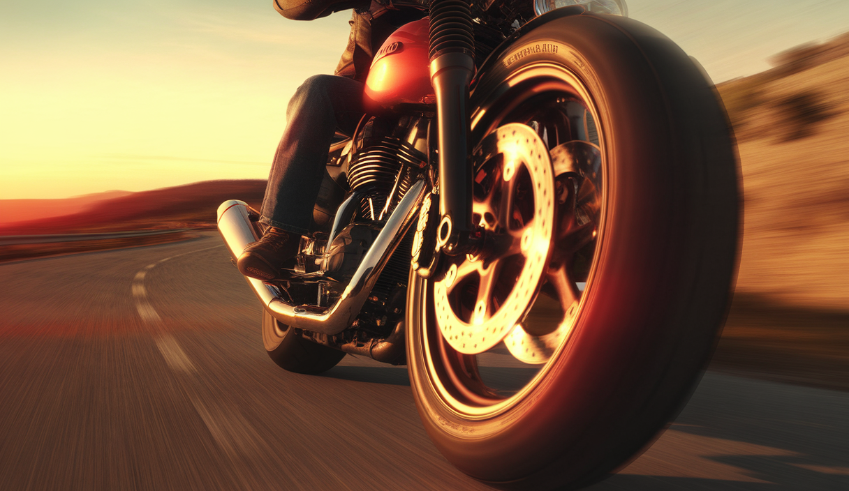 Motard examinant des pneus Bridgestone pour moto sur une aire de repos