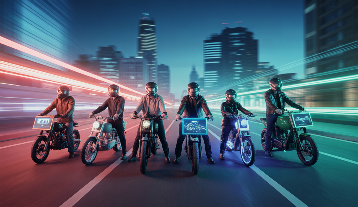 Motards modernes explorant de nouvelles motos électriques performantes en 2025