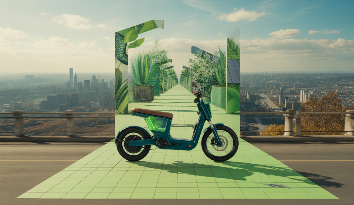 Motocyclette électrique devant un paysage urbain avec ciel dégagé