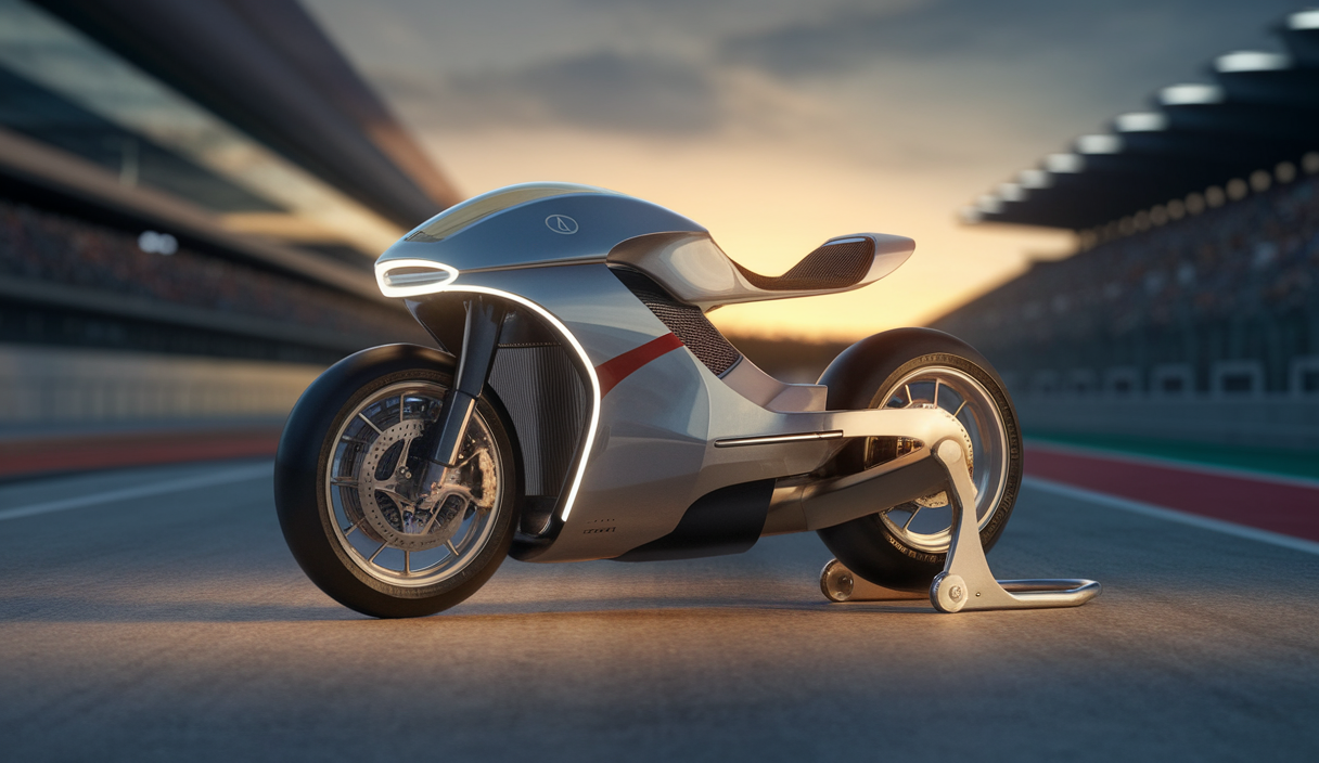 Moto futuriste sur un circuit avec ambiance dynamique et moderne.