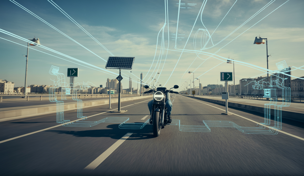 Une moto électrique futuriste de 2025 parcourant une route moderne, symbolisant l'essor des technologies avancées dans le marché des motocyclettes.