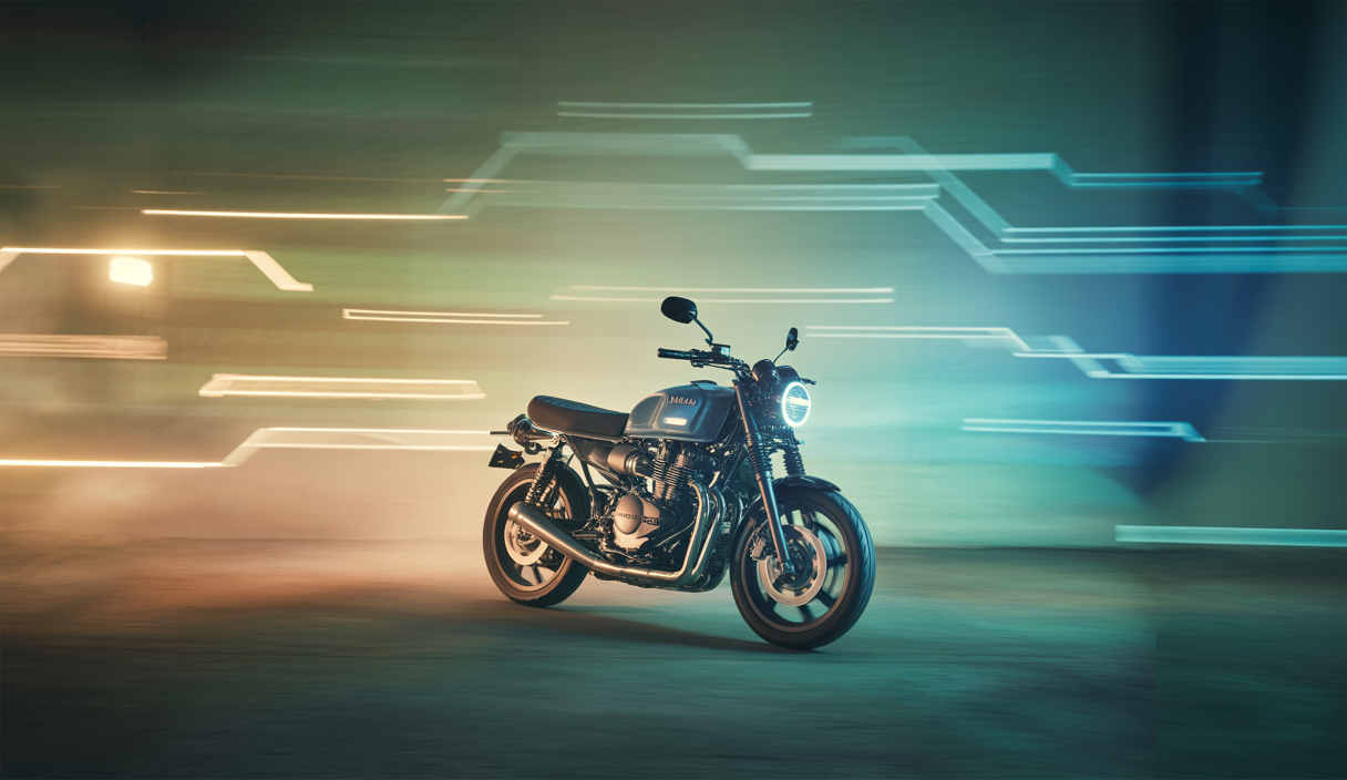 Vue artistique de la Yamaha XSR900 2025 avec moteur puissant et innovations technologiques