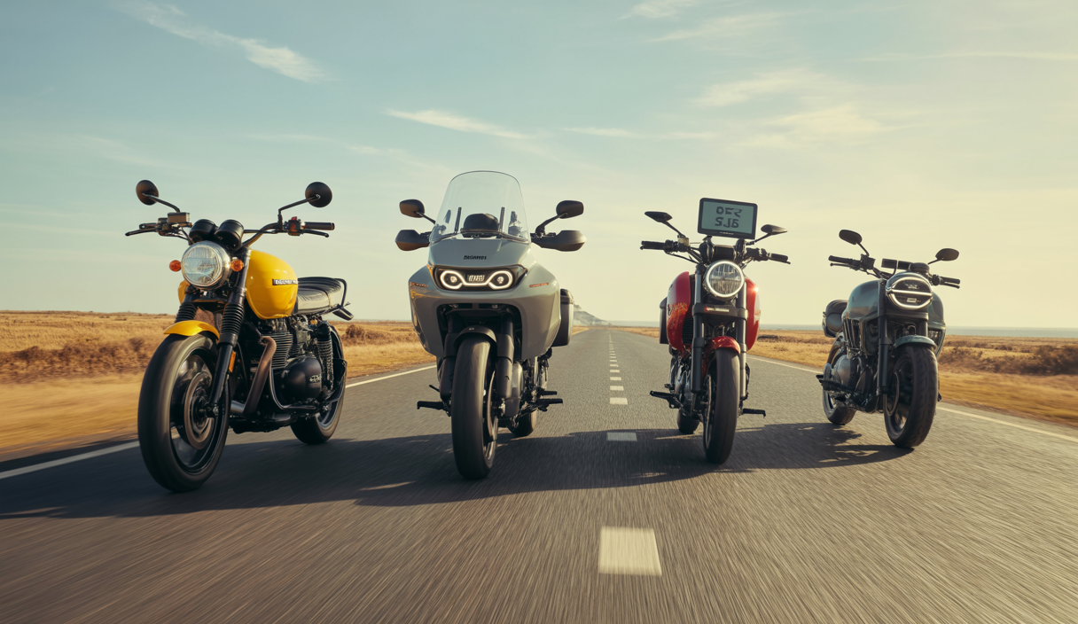Comparaison détaillée de quatre motos routières 2025 : Triumph Tiger 800 jaune, Yamaha Tracer 9 gris, Ducati Multistrada V2 rouge et BMW F900 XR noire sur route ouverte