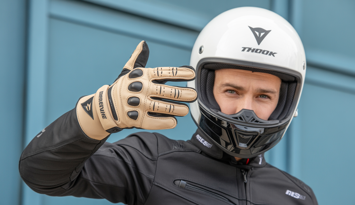 Gants moto Dainese Blackjack 2 en cuir de chèvre perforé beige avec renforts et insert tactile, et casque motocross Thor Fleet Whiteout blanc avec coque résistante et design épuré