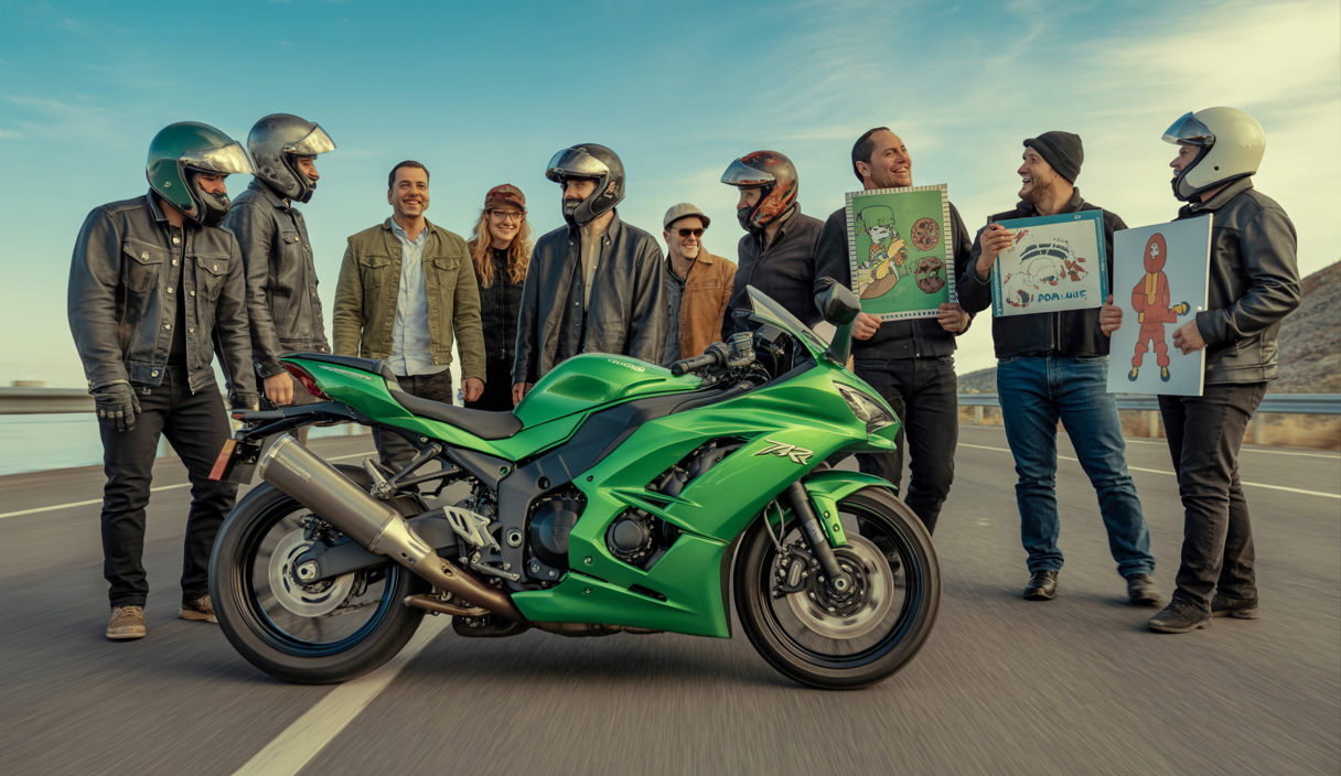 Groupe de motards souriants réunis autour d'une Kawasaki ZX6R verte brillante, partageant un moment convivial avec des accessoires humoristiques et un décor de route sinueuse en arrière-plan