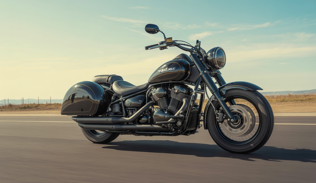 Kawasaki Vulcan 900 customisée avec un sidecar noir brillant sur route, vue latérale dynamique d'une moto cruiser classique transformée en sidecar avec détails métalliques et finition soignée