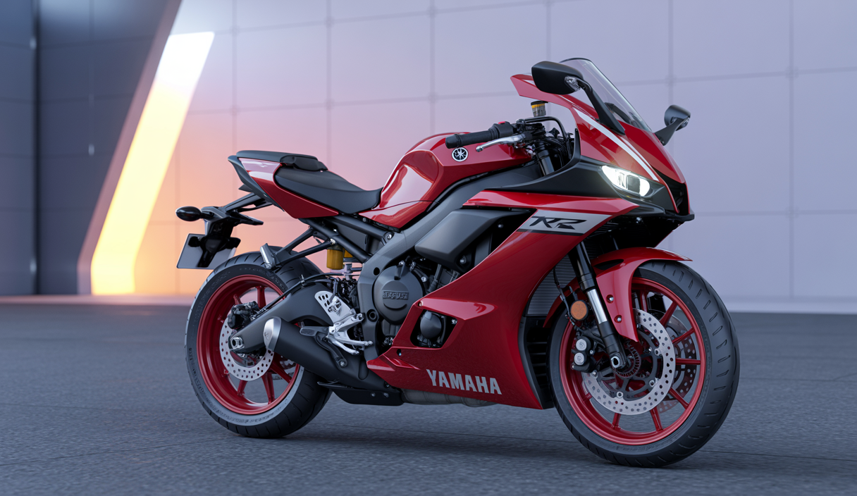 Vue latérale d'une Yamaha YZF R9 2025 rouge et noire sur route avec cadre Deltabox en aluminium, moteur CP3 890cc triple cylindre, suspension KYB réglable et freins Brembo Stylema