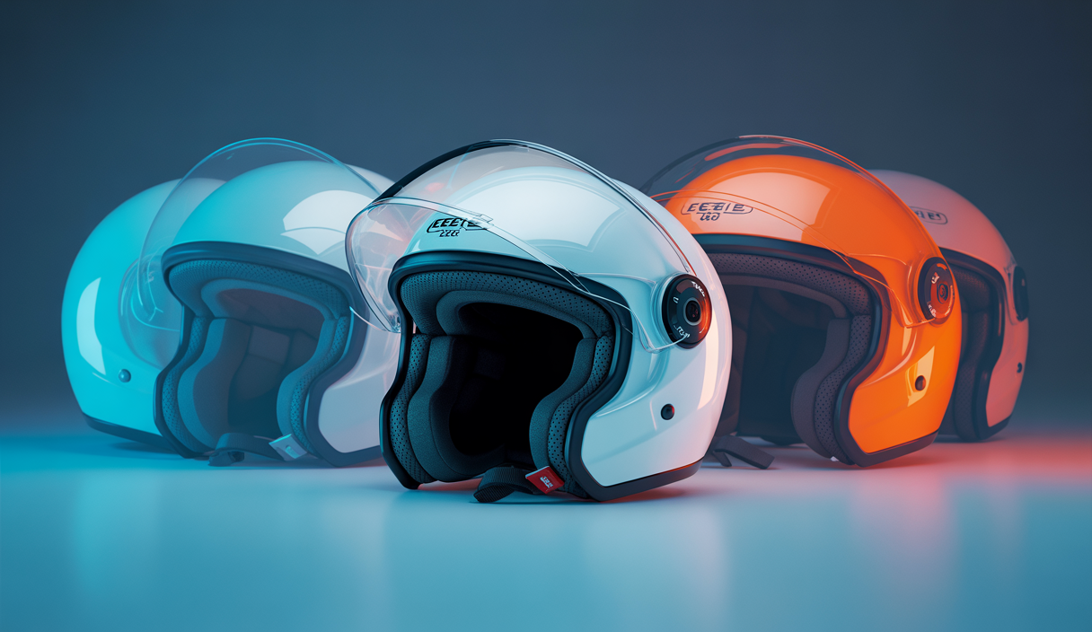 Visière de casque moto moderne transparente et fumée avec motifs de sécurité, testée selon norme ECE 22.06, sur fond dynamique évoquant confort et visibilité pour motards