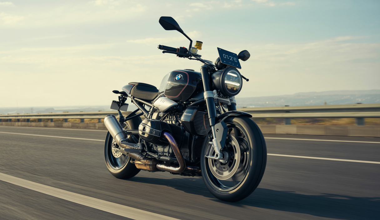 Vue détaillée de la moto sportive BMW S1000R 2025 en angle trois quarts, mettant en valeur son design noir et gris, sa carrosserie aérodynamique, son cadre aluminium, et l'écran TFT tactile avant