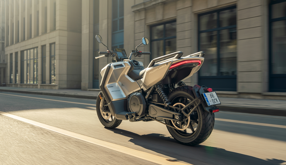 Moto électrique Can-Am Pulse 2025 argentée, vue latérale sur fond urbain moderne