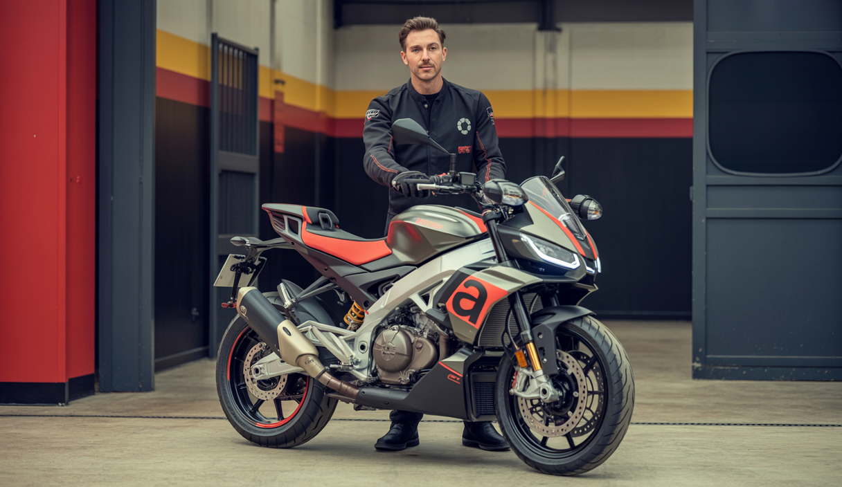 Chase On Two Wheels présentant la nouvelle Aprilia Tuono 660 Factory 2026 sur fond de garage WBR, symbolisant la fin de la série WBRGarage après 8 ans