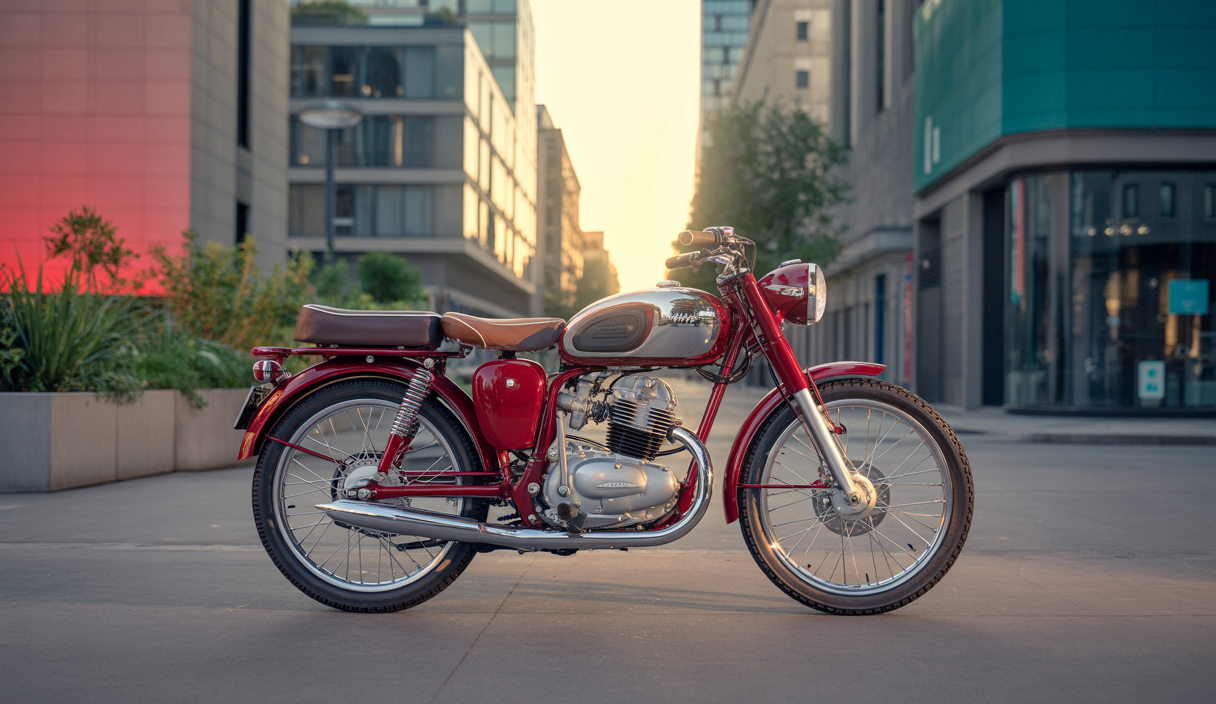 Moto vintage convertie de thermique à électrique avec un design écologique et innovant en milieu urbain, lumière douce et atmosphère chaleureuse