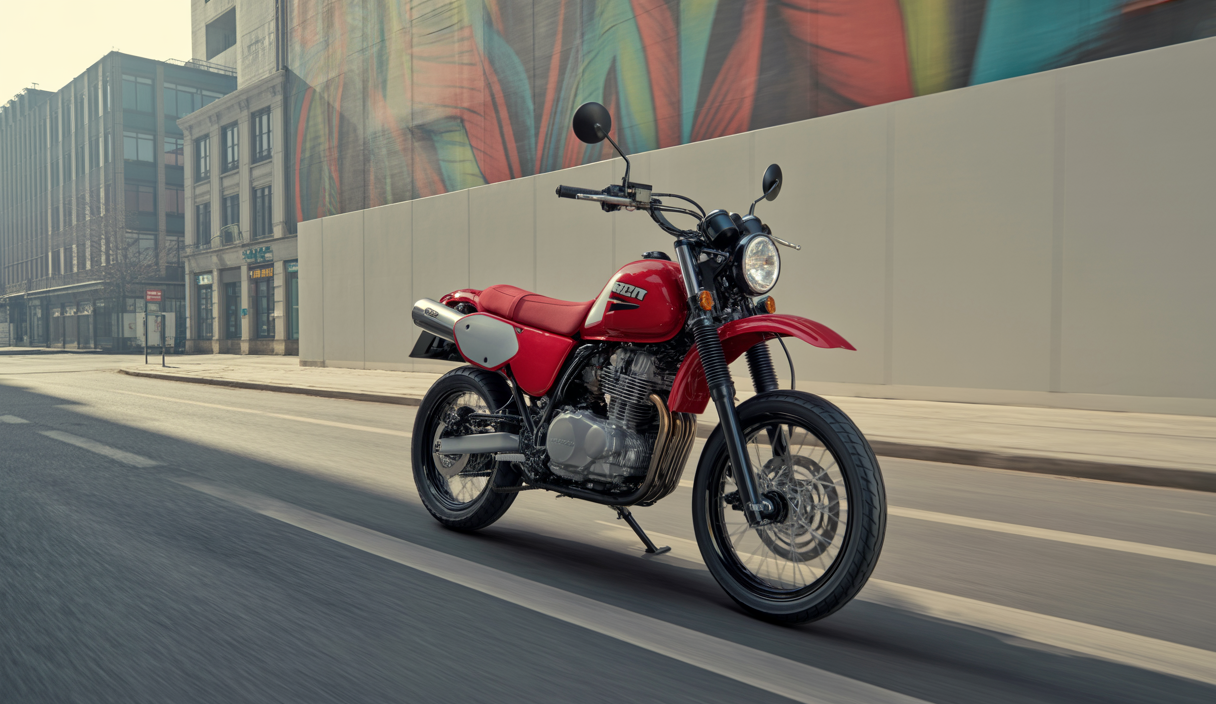 Vue de côté de la Suzuki DRZ-4SM 2025 supermotard rouge et noire sur route urbaine avec détails technologiques et la Bimota Tesi H2 Tera 2025 motorbike électrique luxe en carbone noir brillant avec cadre aluminium massif sur fond neutre studio