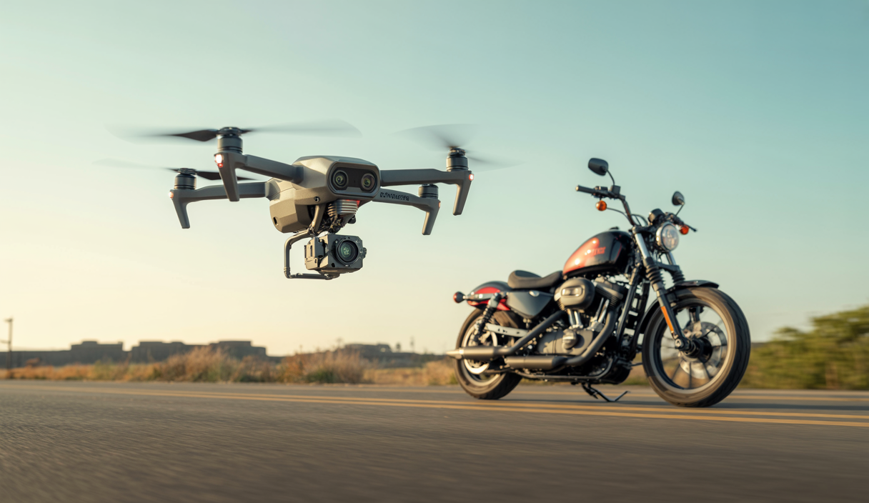 Drone HoverAir X1 ProMax en vol capturant une moto Harley Sportster S édition Golden Ticket dans un paysage dynamique de route ouverte.
