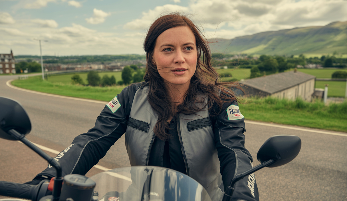 Noraly Schuurmans alias Itchy Boots en moto lors de sa tournée de 3400 miles au Royaume-Uni, en interaction avec des fans à cinq événements, capturée dans une série YouTube dédiée à l'aventure moto