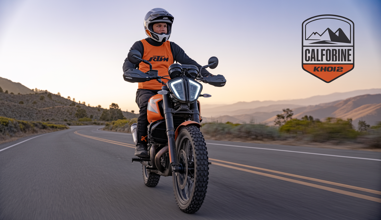 KTM 390 Adventure R moto tout-terrain orange sur route sinueuse avec pilote équipé en tenue moto technique, logo California Superbike School au-dessus.