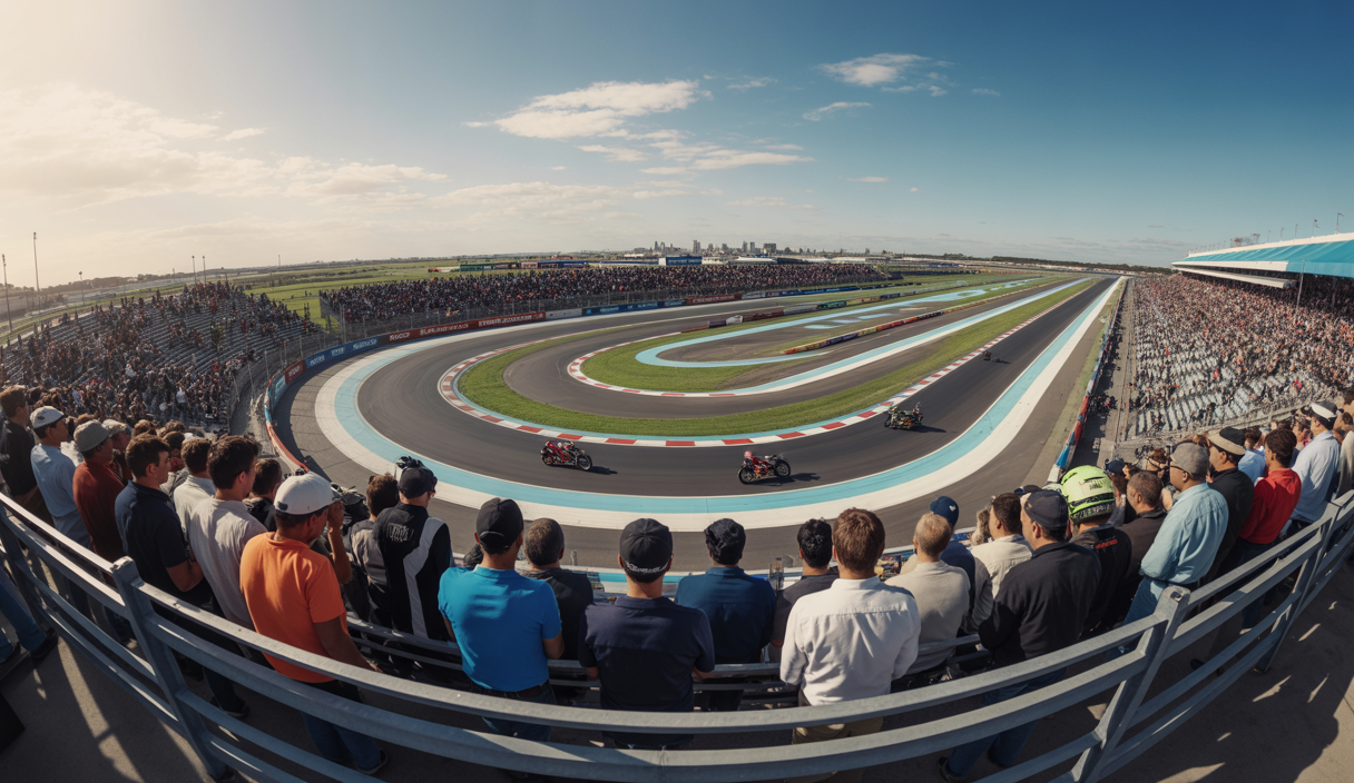Photographie aérienne du circuit Autódromo Oscar y Juan Gálvez entièrement rénové à Buenos Aires, avec une foule dense de 150 000 fans assistant au Grand Prix MotoGP 2027