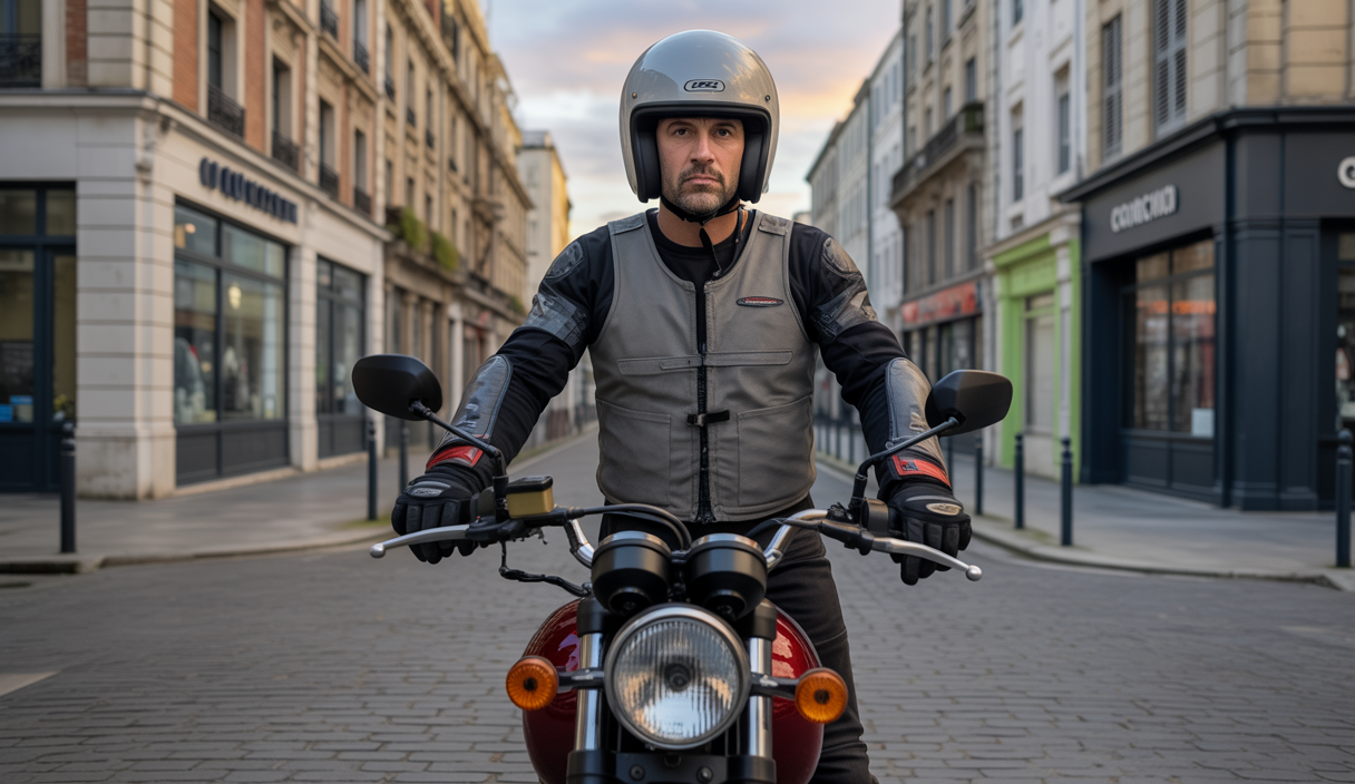 Motocycliste vigilant protégeant sa moto dans un paysage urbain du Pays de Galles avec mesures de sécurité visibles