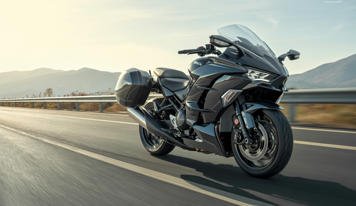 Moto sport-tourisme Kawasaki Ninja H2 SX SE 2025 noire avec superchargeur, tableau de bord TFT couleur 6,5 pouces, en pleine accélération sur route ouverte avec valises latérales et pare-brise réglable sous un ciel clair