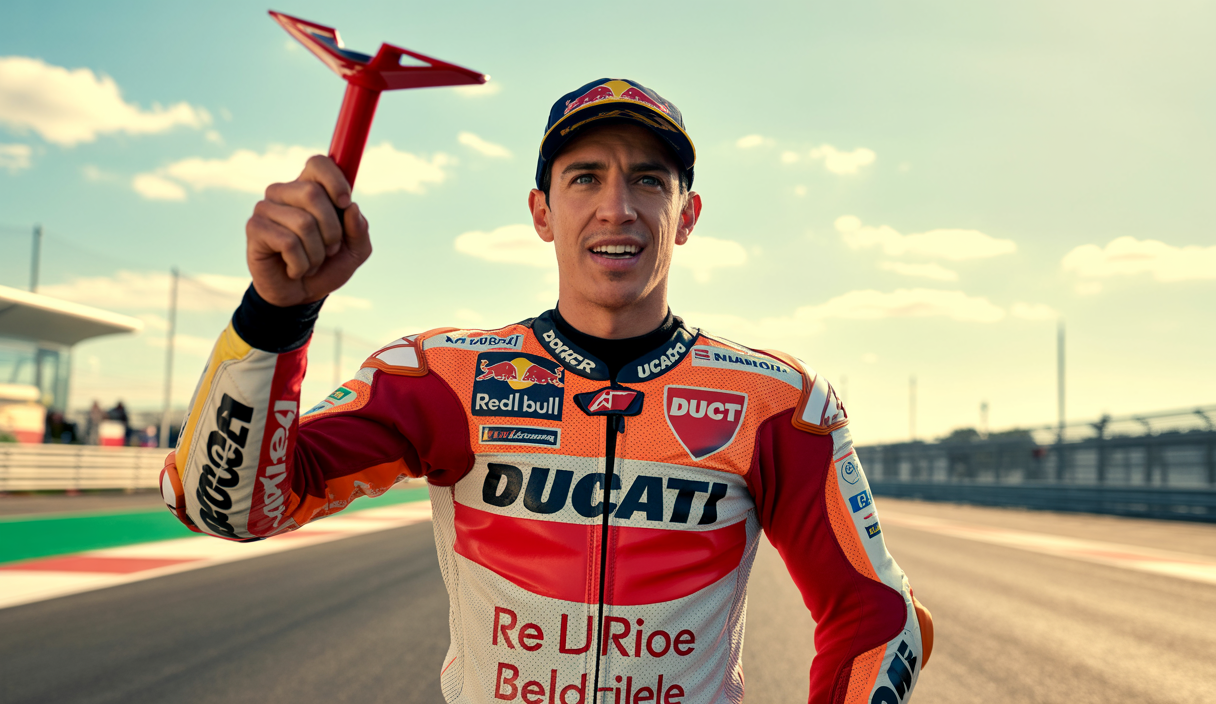 Marc Marquez célébrant sa septième victoire consécutive au Grand Prix de Hongrie 2025 sur sa Ducati rouge, sur le circuit de Balaton Park avec une foule enthousiaste en arrière-plan